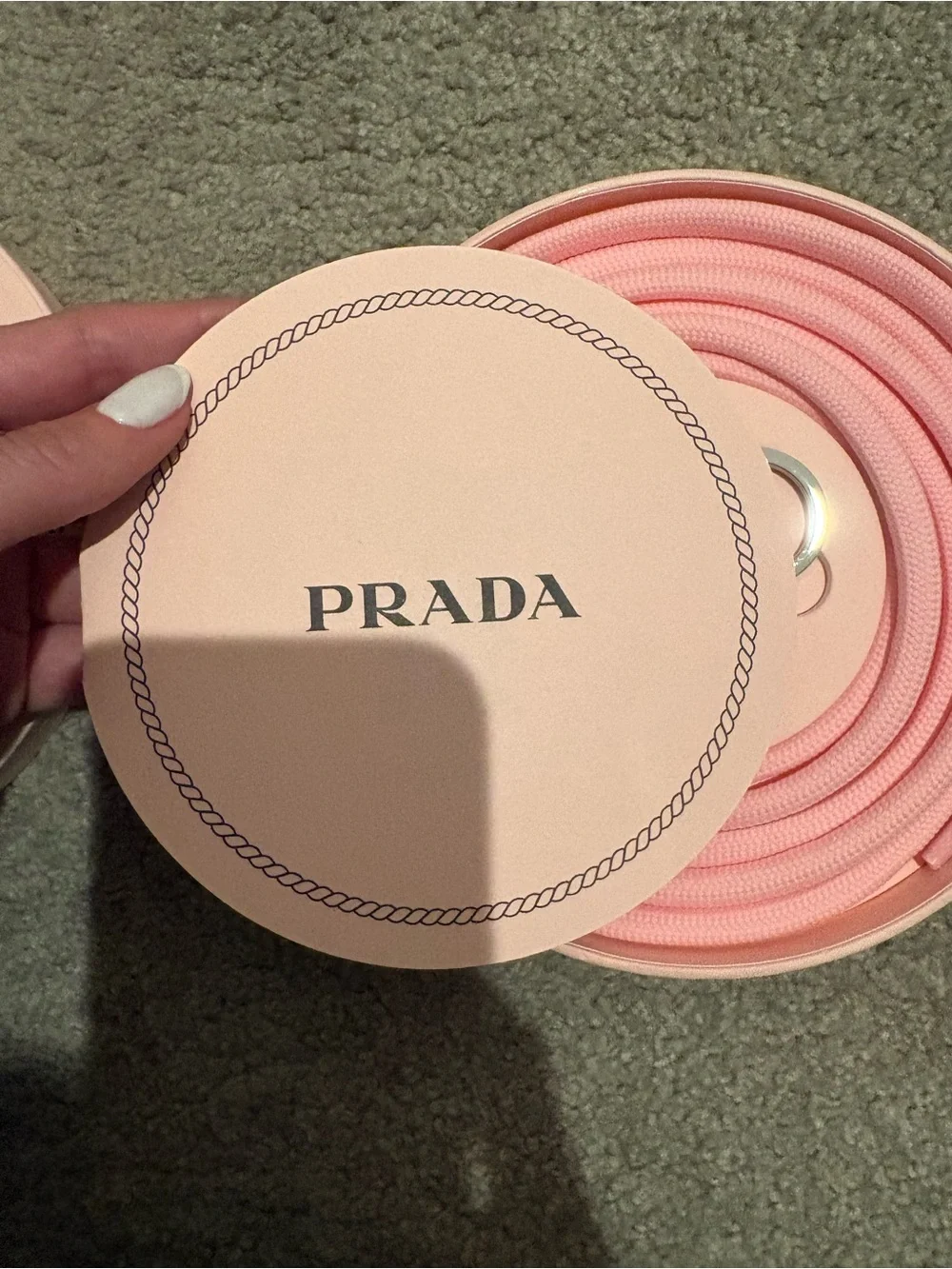 Prada Pink Round Box with Black Rope Motif